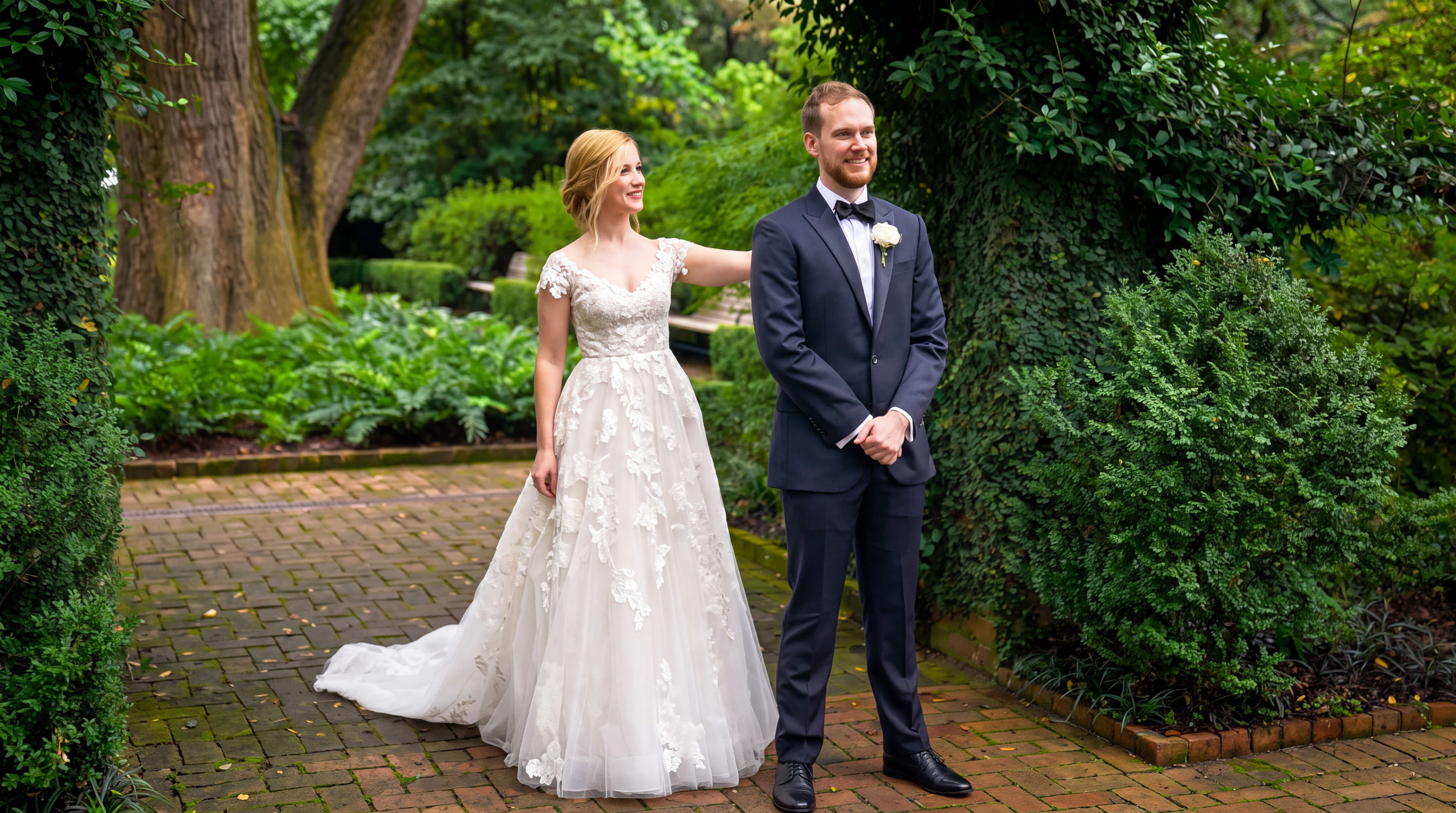 Bride and groom standing together in a garden on their wedding day
