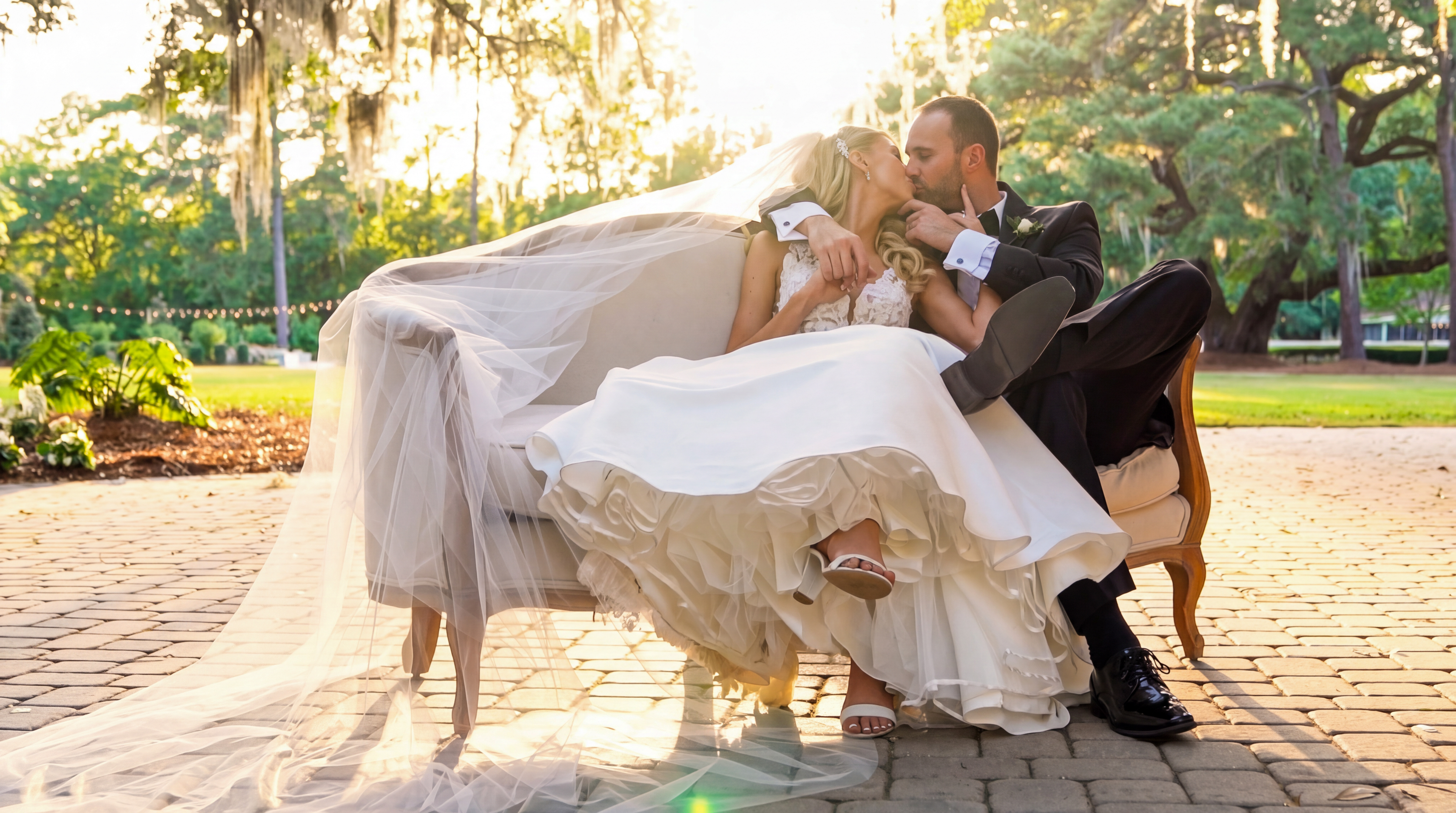 Bride and groom seated together outdoors with the bride’s veil flowing around them