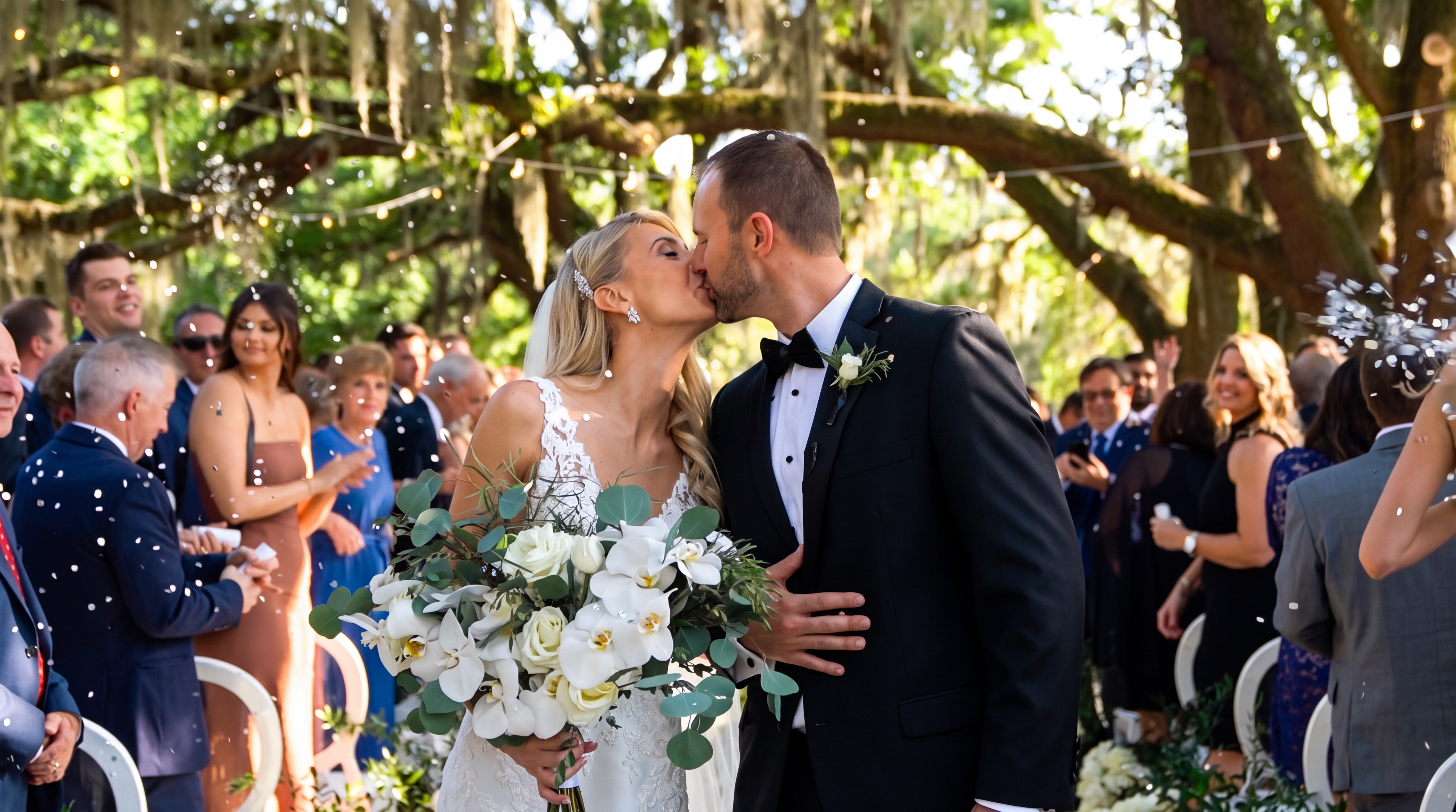 Bride and groom kissing beneath oak trees during their South Carolina wedding